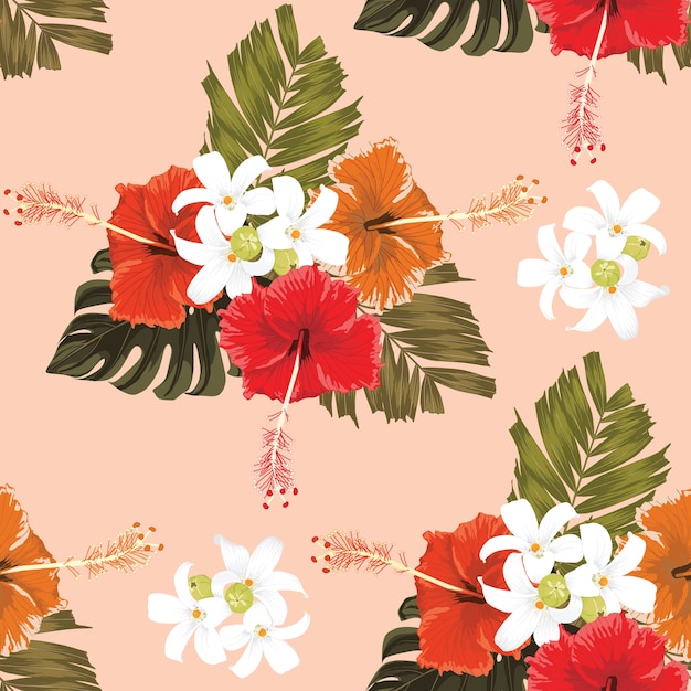 Seamless pattern red hibiscus