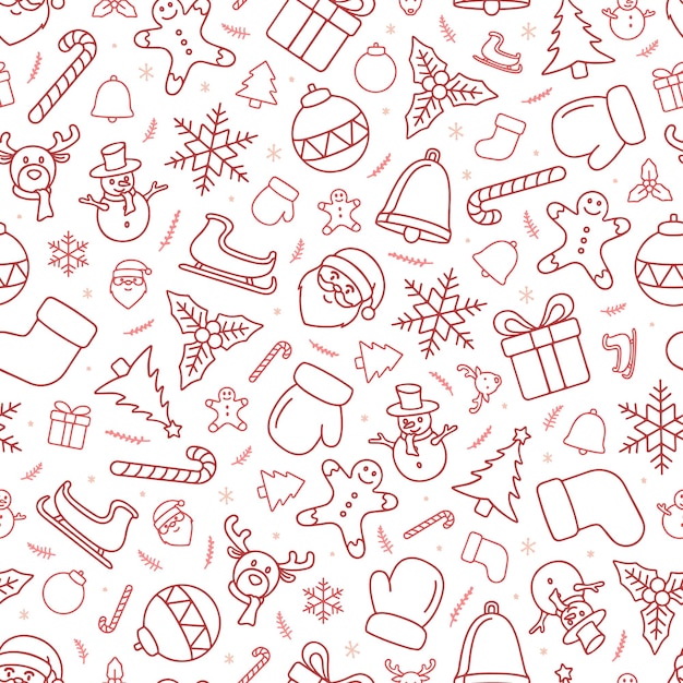 Seamless pattern of red outline Christmas doodle on transparent background