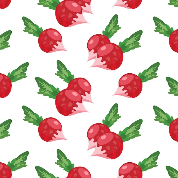 Seamless pattern, red radishes with greens, vegetable print. Kitchen decor, textile, vector