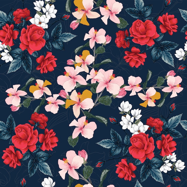 Seamless pattern red Rose, Hibiscus,Magnolia and Lilly flowers background.