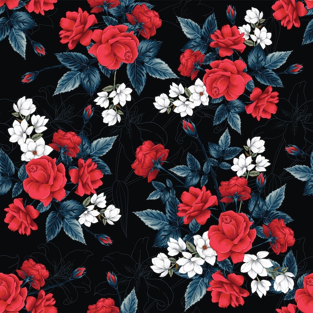 Seamless pattern red Rose,Magnolia and Lilly flowers background.