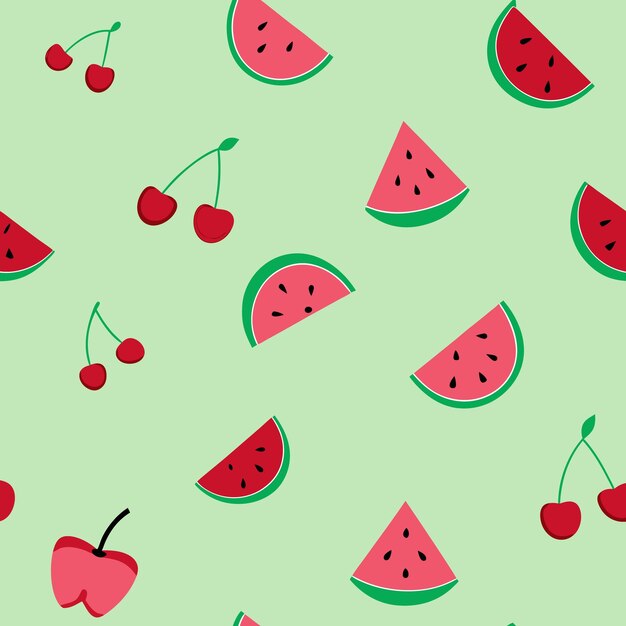 Seamless pattern of red watermelon slices and cherries on a green background