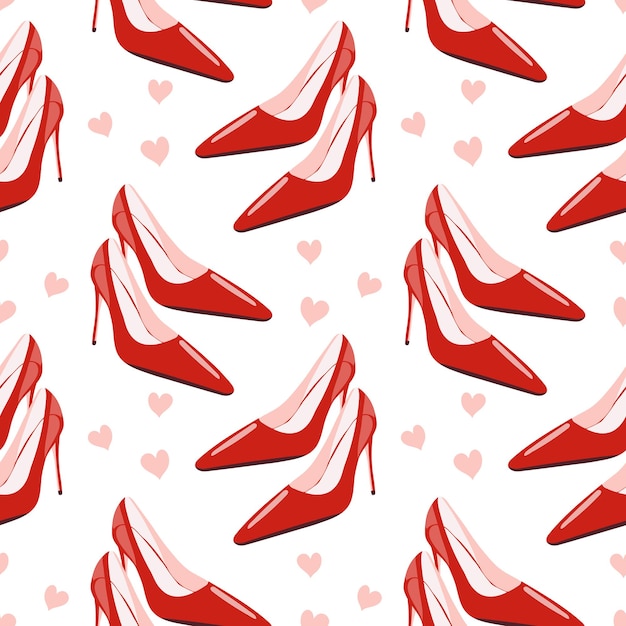 Seamless pattern, red women's glamor shoes on the background of hearts. Background, print, vector