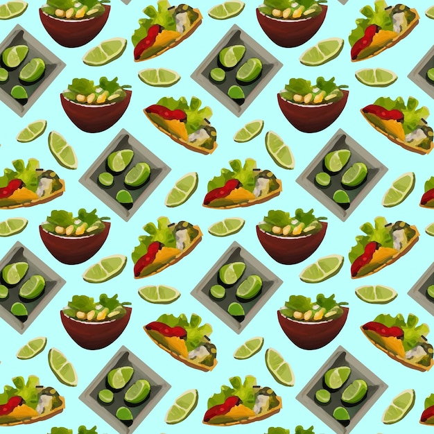 Seamless pattern for restaurant with traditional mexican food in cartoon flat style.