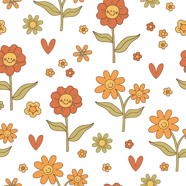 Seamless pattern retro 70s hippie Psychedelic groove elements Background with flower and smiling face vintage style Illustration with positive symbols for wallpaper fabric textiles Vector