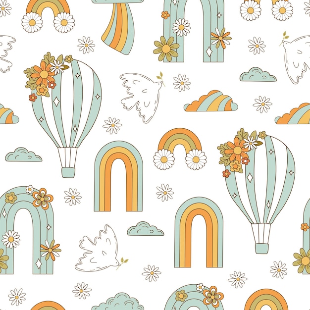 Seamless pattern retro 70s hippie Psychedelic groove elements Background with rainbow and dove in vintage style Illustration with positive symbols for wallpaper fabric textiles Vector