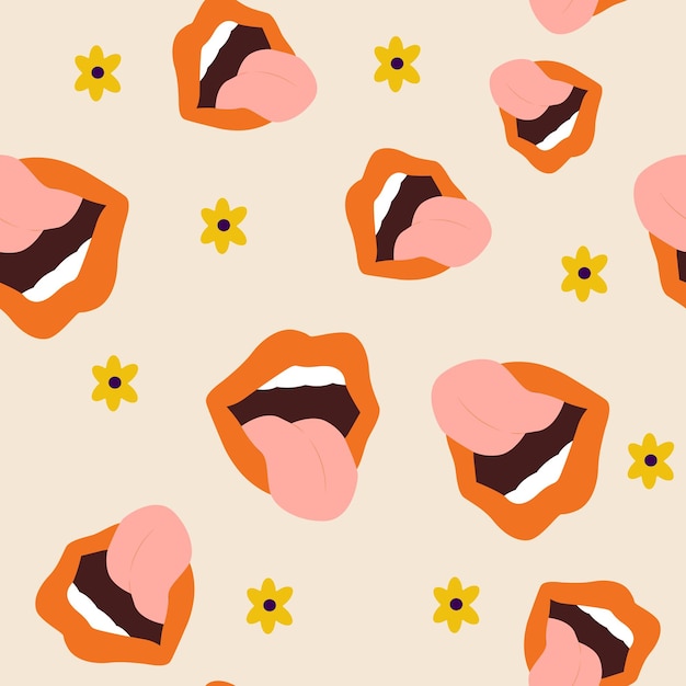 Seamless pattern retro lips 70s vector