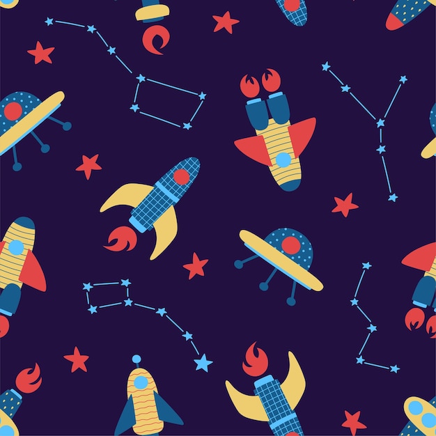 Seamless pattern of rockets on dark blue background. Cosmic pattern with spaceships and constellations.