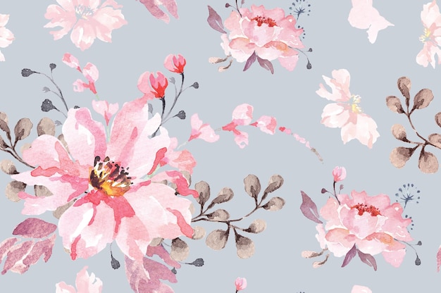 Seamless pattern rose and blooming flower with watercolorDesigned for fabric and wallpaper