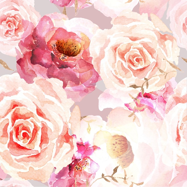 Seamless pattern of rose and blooming flowers painted in watercolor for fabric and wallpaper