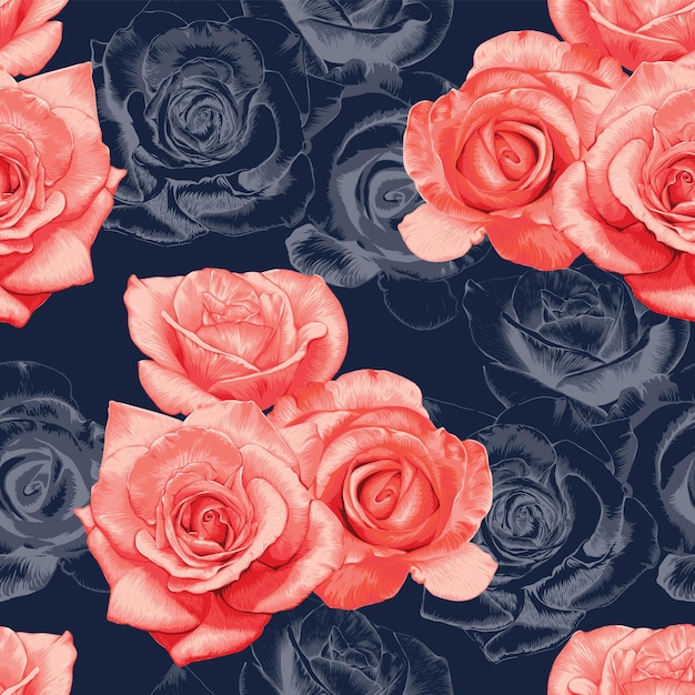 Seamless pattern rose flowers vintage abstract dark blue background.