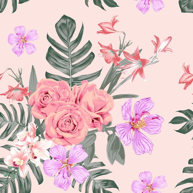 Seamless pattern rose and lily flowers monstera green leaf background