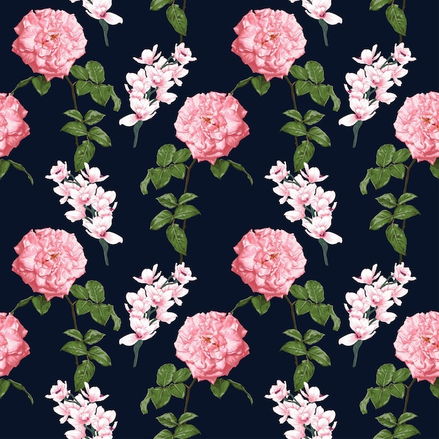 Seamless pattern rose and orchid flowers on abstract background