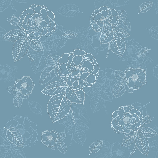 Seamless pattern of roses with leafs white on blue