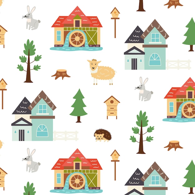 Seamless pattern rustic animal life. Repetitive background with a rustic motif. Vector hand draw paper, nursery design wallpaper