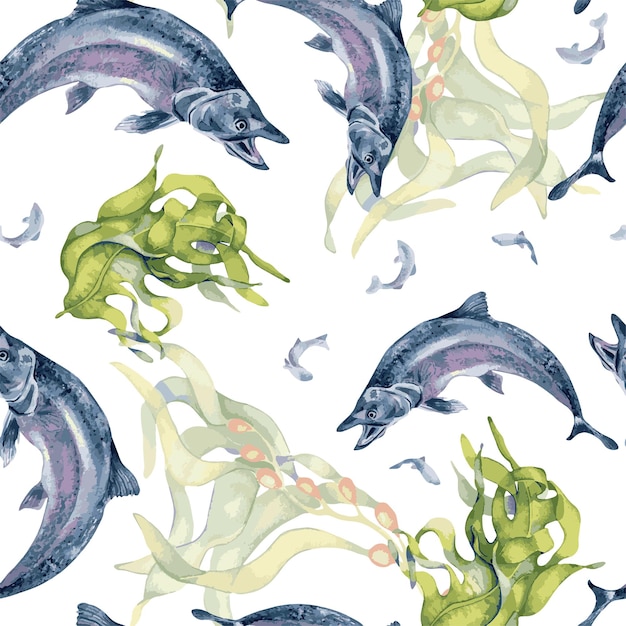 Seamless pattern of salmon and sea plants watercolor isolated on white