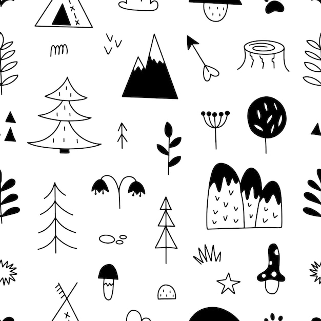 Seamless pattern of scandinavian forest in doodle style Vector illustration for your design on a wh