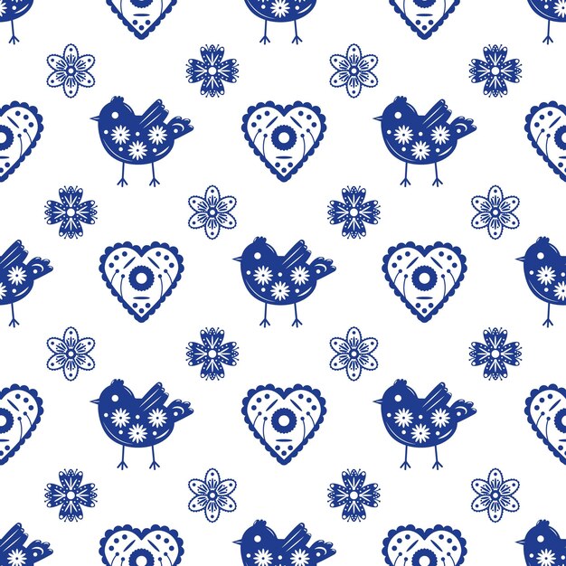 Seamless pattern in scandinavian style with blue birds and hearts Vector illustration isolated