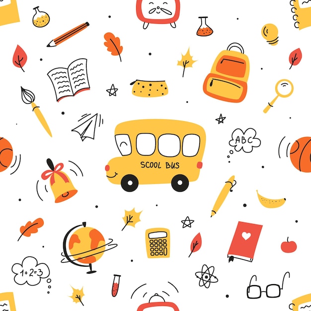 Seamless pattern on school theme set of school tools set of education icons back to school