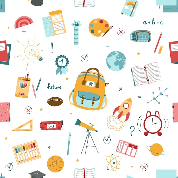 Seamless pattern on school theme, set of school tools, set of education icons, back to school