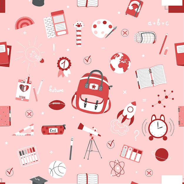 Seamless pattern on school theme, set of school tools, set of education icons, back to school