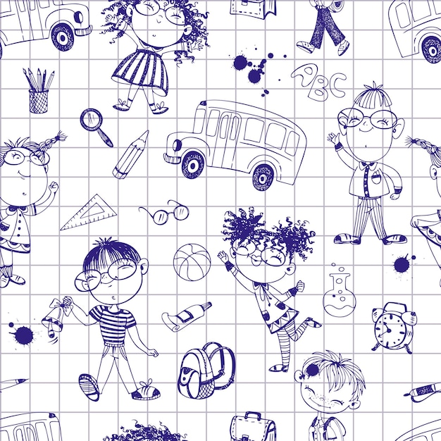 Seamless pattern on a school theme with schoolchildren and school accessories Back to school Drawing with a pen in a notebook Vector