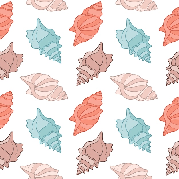 Seamless pattern of sea shells Seashells of pastel colors on a white background Vector