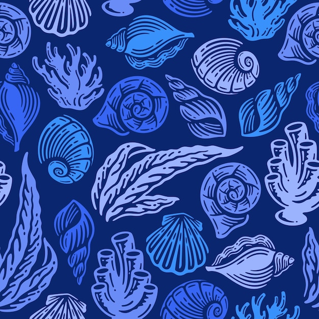 seamless pattern of Seashells and coral in doodle vintage