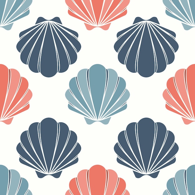 Seamless pattern of seashells Seashells in pastel colors on a white background Vector