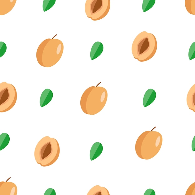 Seamless pattern Set of apricots whole with a leaf half an apricot with a stone and a slice Vector illustration of ripe delicious berries