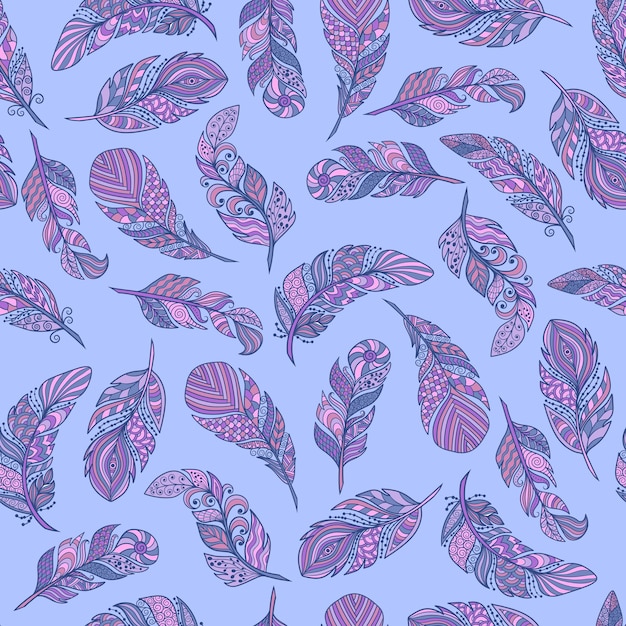 Seamless pattern, set of beautiful abstract feathers in ethnic style, zenart