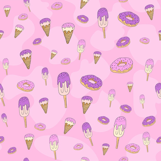 Seamless pattern set cartoon handdrawn sweets donuts and ice cream delicate pastel pink beige lilac colors patterns for printing packaging wrapping banners textiles fabrics