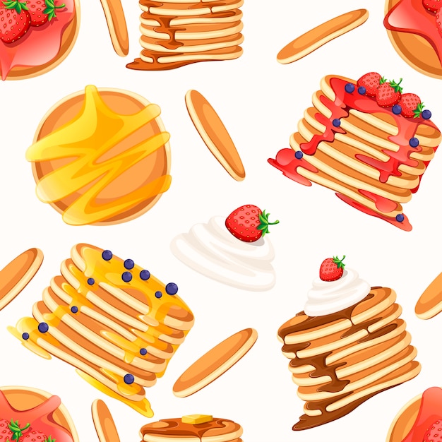 Seamless pattern. Set of four pancakes with different toppings. Pancakes on white plate. Baking with syrup or honey. Breakfast concept. Flat illustration on white background.