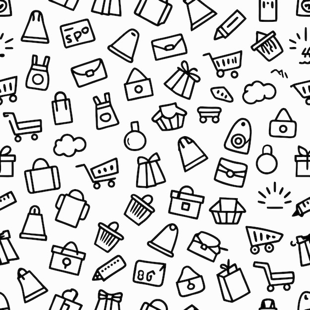 Seamless pattern of shopping icons including shopping bags carts gift boxes purses and other related items