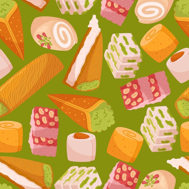 Seamless Pattern Showcasing A Delightful Array Of Eastern Sweets Combining Rich Colors And Intricate Designs