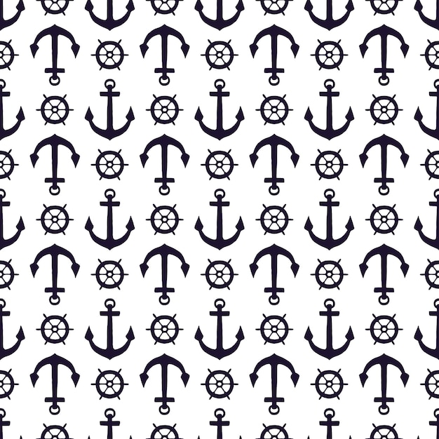 Seamless pattern of silhouette anchors and steeringwheel rudders Vector black doodle sketch illustration on white background