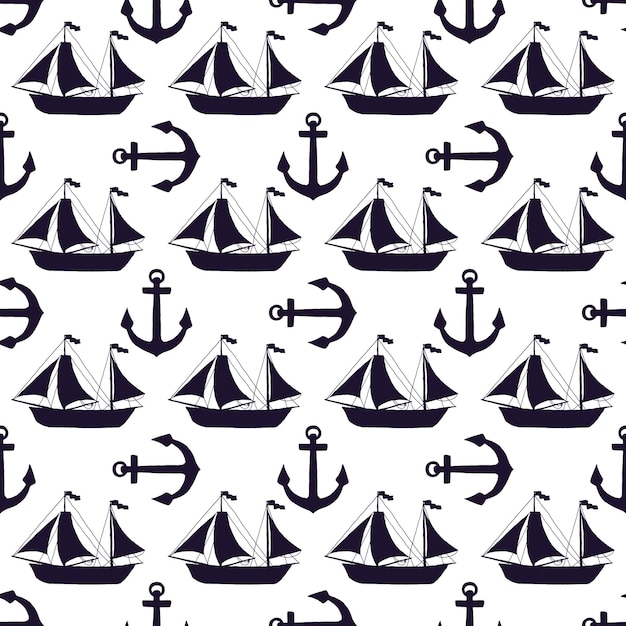 Seamless pattern of silhouette yachts and anchors Vector black doodle sketch illustration on white background