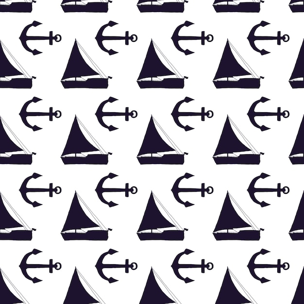 Seamless pattern of silhouette yachts and anchors Vector black doodle sketch illustration on white background