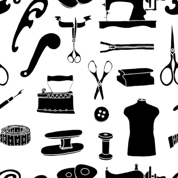 Seamless pattern of silhouettes of various sewing tools for clothing manufacturing