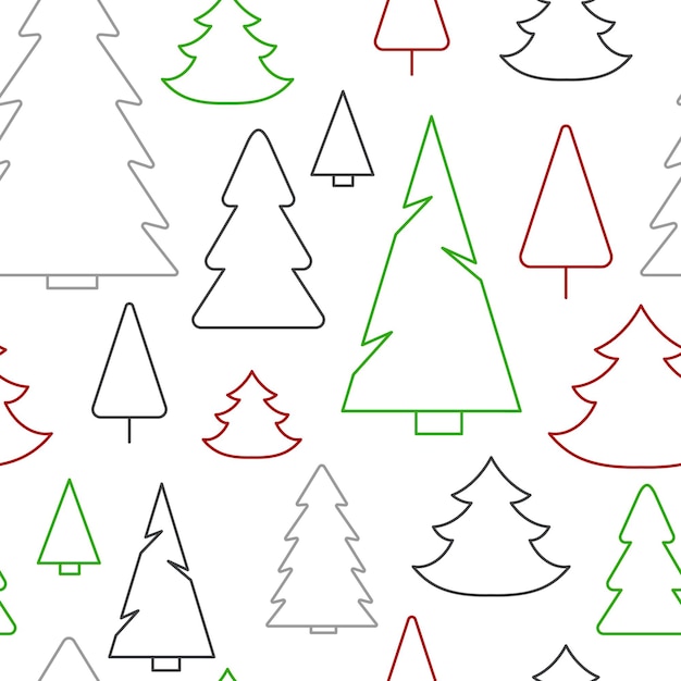 Seamless pattern of simple Christmas trees. Endless winter background. Vector illustration. Multicolored Christmas trees on a white background.