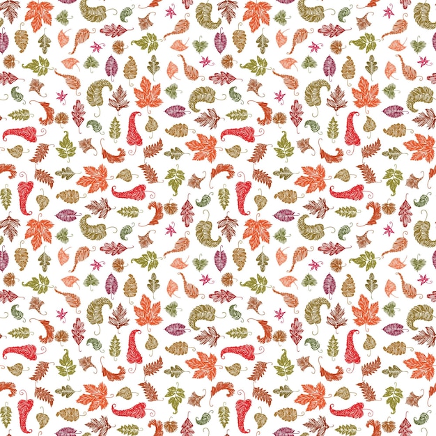 Seamless pattern of sketches various colorful abstract leaves