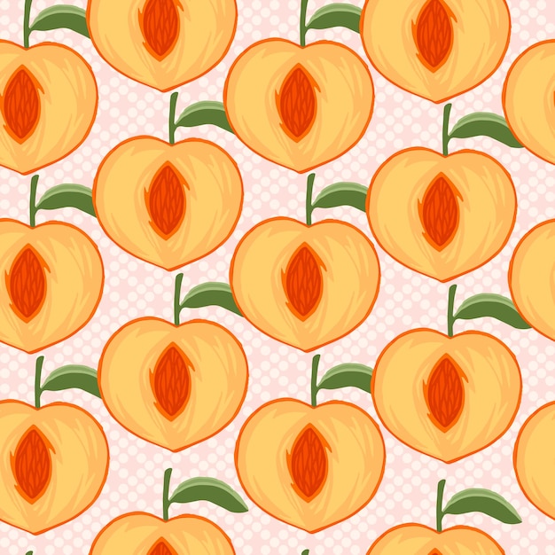 Seamless pattern of sliced peach with green leaves flat vector illustration on pink dotted background