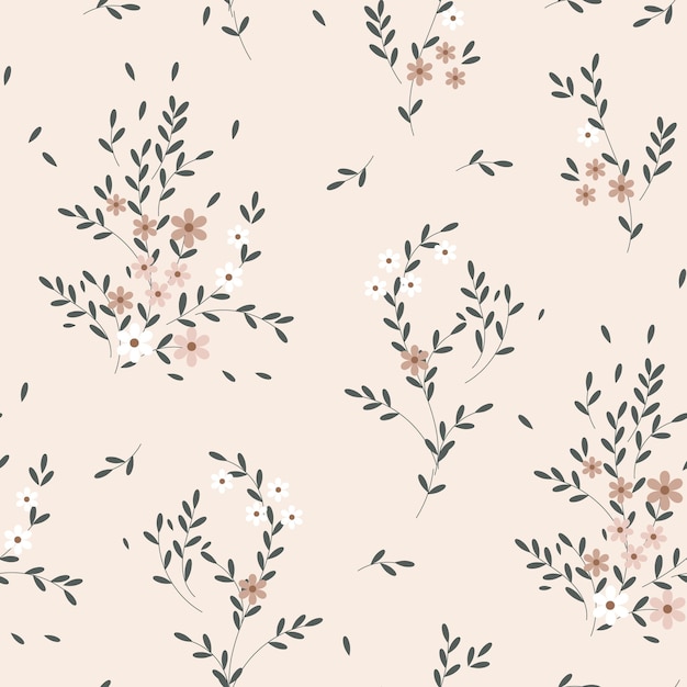 Seamless pattern small beige flowers with scattered leaves on a beige background