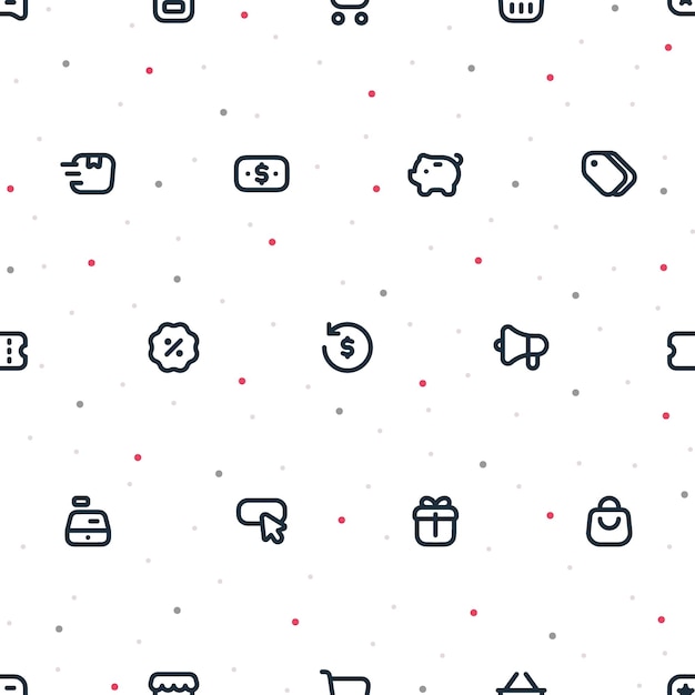 Seamless pattern of small black friday and cyber monday icons with random dots on transparent backgr