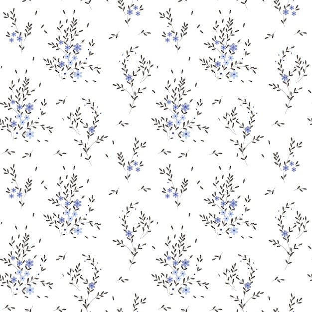 Seamless pattern small blue flowers and scattered green leaves on a white background