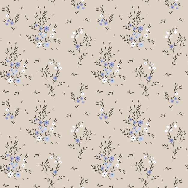 Seamless pattern small blue and white flowers with scattered leaves on a beige background