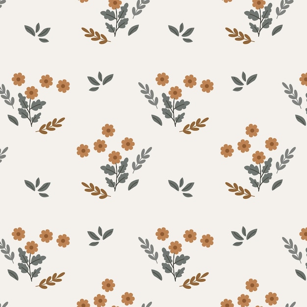 Seamless pattern small delicate beige flowers and branches with gray leaves