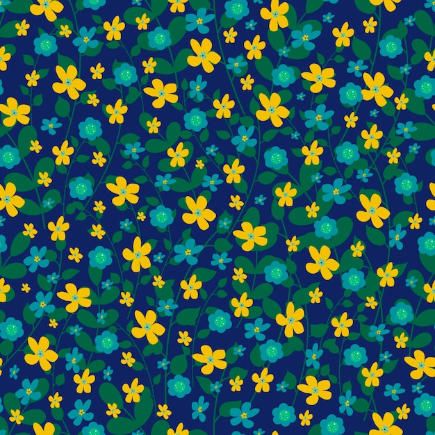 Seamless pattern of small flowers Small colorful and varied flowers Dark background Blue and yellow flowers