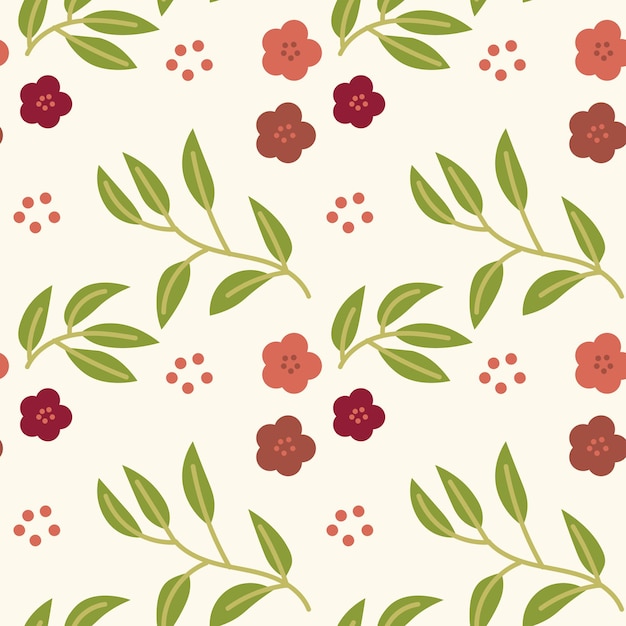 Seamless pattern small pink flowers with sprigs of leaves on a white background