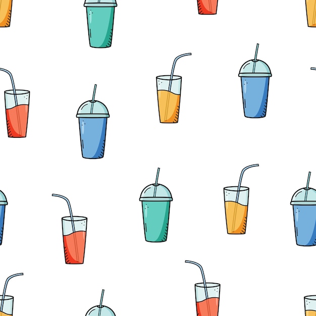 Seamless pattern Smoothie to go take away or freshly squeezed juice a glass with a lid and a straw Doodle vector illustration drink